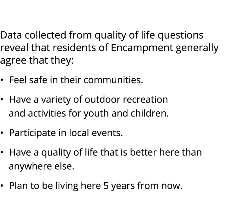  Data collected from quality of life questions reveal that residents of Encampment generally agree that they: • Feel ...