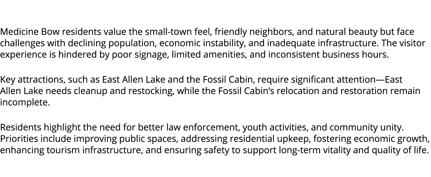  Medicine Bow residents value the small town feel, friendly neighbors, and natural beauty but face challenges with de...