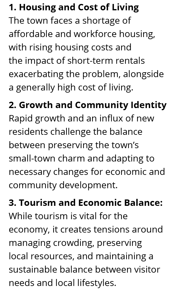 1. Housing and Cost of Living The town faces a shortage of affordable and workforce housing, with rising housing cost...