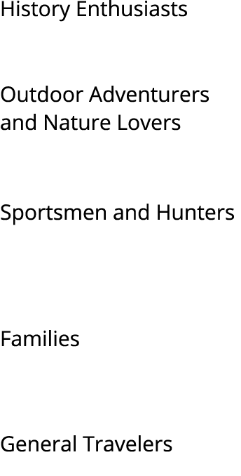 History Enthusiasts Outdoor Adventurers and Nature Lovers Sportsmen and Hunters Families General Travelers